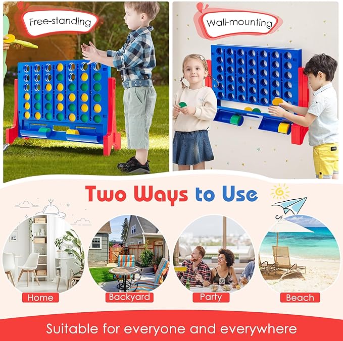 COSTWAY Giant 4 in a Row Game with Storage Carry Bag, Jumbo 4-to-Score Game with Chess, Quick Release Slider for Kids Adults, Indoor Outdoor Backyard Game Set, Free-Standing/Wall-mounting (Blue)