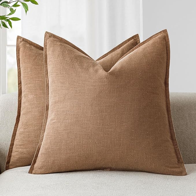 Foindtower Pack of 2, Decorative Linen Solid Throw Pillow Covers Soft Accent Cushion Case Boho Farmhouse Pillowcase for Chair Couch Sofa Bedroom Living Room Home Decor 16 x 16 Inch Light Khaki Brown