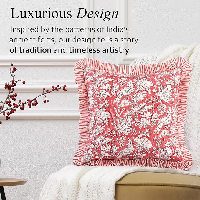 CPC Block Print Ruffle Throw Cover Pink Coral 16"x16" Inch Pack of 2-100% Cotton Ruffle Couch Decorative Boho Pillows Case for Living Room, Bedroom, Sofa, Farmhouse Gift for Spring, Mother's Day