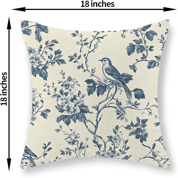 Chinoiserie Pillow Covers 18x18 Inch Set of 2 Blue Floral Bird Throw Pillows Vintage Blue Flower Decorations Pillow Cases Outdoor Chinoiserie Decor Farmhouse Linen Cushion Cover for Couch Home