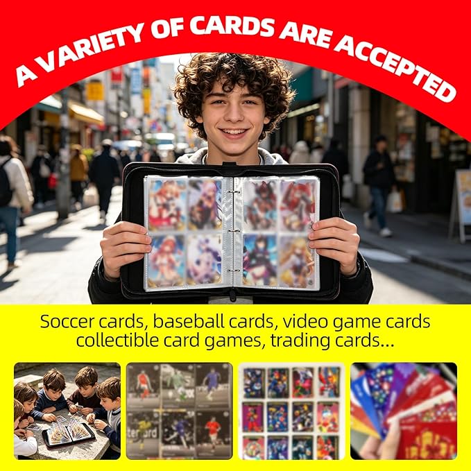 Collectible Trading Card Albums,4 Pocket Card Binder, 400 Double Sided Pocket,PU Premium Zip Trading Card Binder for TCG, MTG,Sports Cards (Red&White&Black)