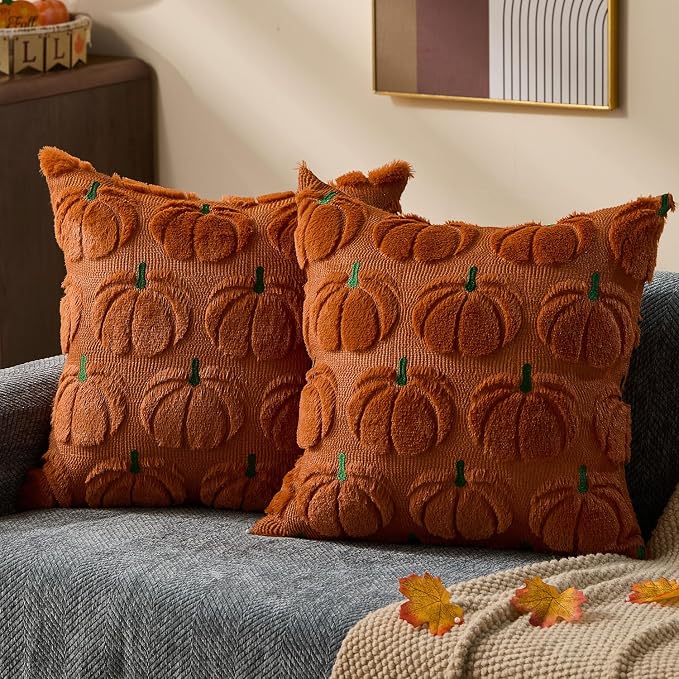 DFXSZ Fall Pillow Covers 18x18 2Pcs Rust Green Pumpkin Fall Decorations | Fall decor Set of 2 Throw Pillow Cases Soft Plush Faux Fur Wool Couch Cushion for Chair Sofa Bedroom Living Room Home Decor
