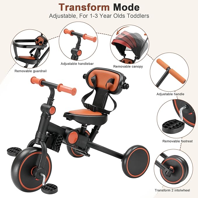 7-in-1 Foldable Baby Tricycle with Removable Canopy – Adjustable Parent Handle, Safety Harness & Wheel Brakes for Toddlers 1-5 Years Old, Balance Bike & Push Trike Gift for Boys & Girls, Black