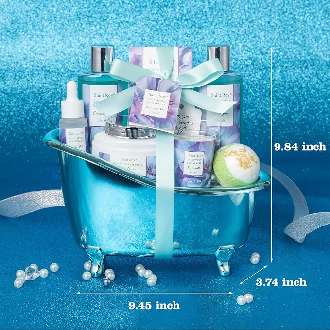 Bath and Body Basket Set, EUCALYPTUS & Mint Spa Gift Basket for Women | Unique Bath Gift Baskets Gifts, Home Spa Kit Christmas Gifts for Women, birthday gift baskets for Dad Mother's Day