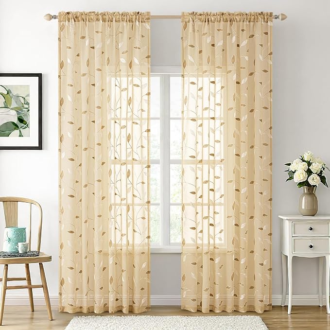 MIULEE Khaki Sheer Curtains 2 Panels Embroidered Leaf Patterned Rod Pocket Floral Semi Sheer Faux Linen Window Curtains Drapes Set for Living Room Bedroom Dining Room, 52x84 Inches Long