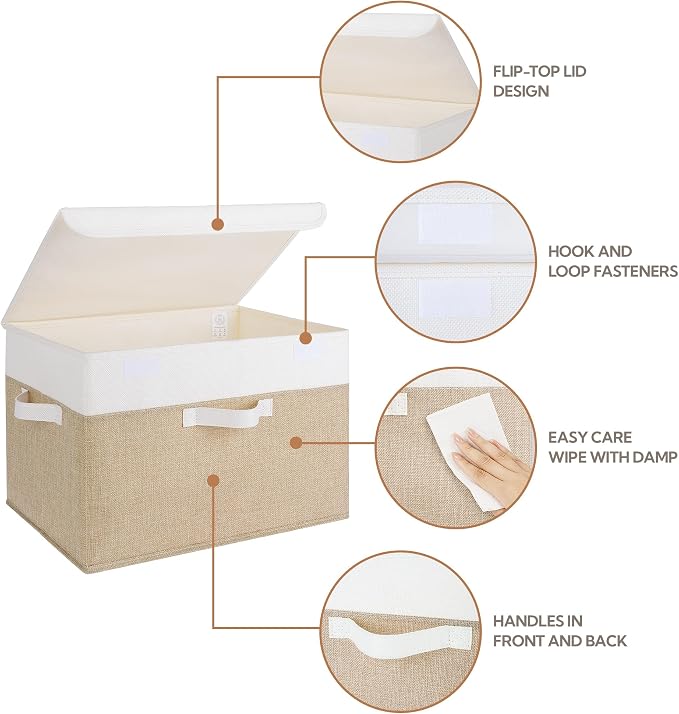 GRANNY SAYS Memory Keepsake Storage Box, Fabric Storage Bins with Lids | Flip-Top Lid, Collapsible, Stackable, 3 Handles, Ideal for Closet Clothes Blanket Toys, Extra Large, Brown/White, 2-Pack