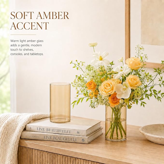 12pcs 6 Inch Gold Amber Glass Cylinder Vases for Centerpieces | Flower Vases for Wedding, Home & Party Decor, Hurricane Floating Candle Holders for Table & Shelf