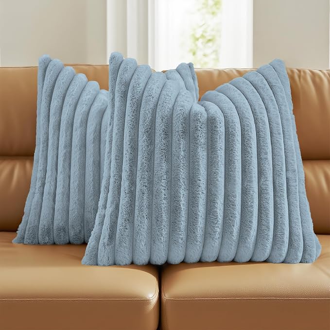 FUTEI Pack of 2 Faux Fur Throw Pillow Covers 18x18 Inch, Dusty Blue | Fluffy Faux Rabbit Fur Front/Premium Velvet Back,Hidden Zipper,Machine Washable,Non-Shedding,Colorfast,Insert Not Included.