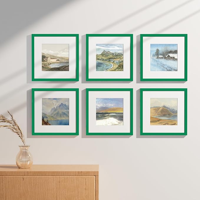 Vittanly 12x12 Picture Frames Set of 9 for Wall Mounting, Green | Display Pictures 8x8 with Mat or 12x12 without Mat for Wall Mounting, Square Photo Frames for Home Decor, Engineered Wood