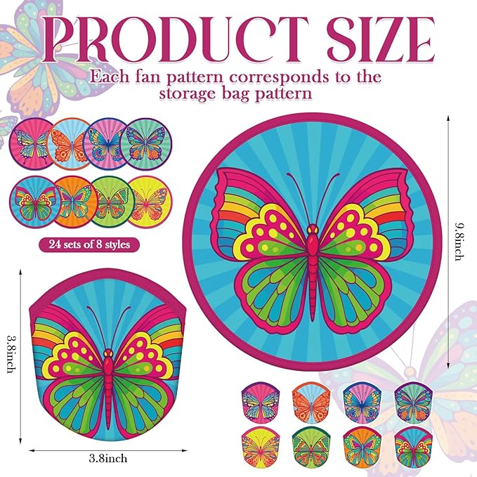 Gejoy 24 Pcs Colorful Butterflies Foldable Fan Style Summer Butterflies Handheld Round Folding Flying Disc for Women Man Daily Use Festival Wedding Party Favors Decorations Portable, 8 Style