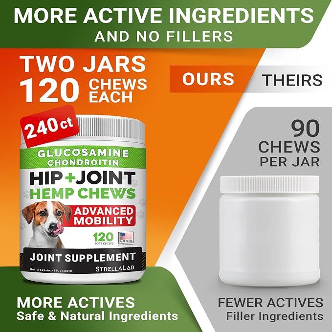 Large Breed Hemp + Glucosamine Dog Joint Supplement - Hemp Chews for Dogs Hip Joint Pain Relief - Omega 3, Chondroitin, MSM - Advanced Mobility Hemp Oil Treats for Large Dogs - Made in USA - 240 Ct