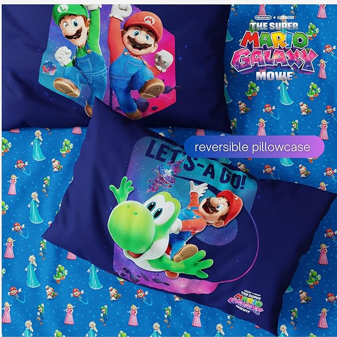The Super Mario Galaxy Movie Bedding Set, Full Size 5 Piece Kids Super Soft Cozy Reversible Comforter and Sheet Set, (Officially Licensed Product) By Franco | Durable, Reversible, Officially Licensed
