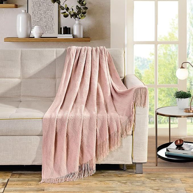BOURINA Pink Throw Blanket 50x60 Inches Throw Textured Solid Soft Ripple Throws and Blankets for Sofa or Bed Knitted Decorative Throw