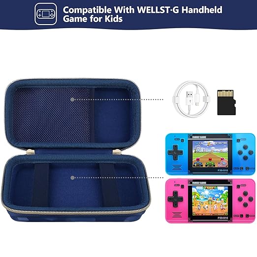 Supmay Carrying Case Compatible with WELLST·G Handheld Game for Kids -Preloaded 220 Retro Video Games, Portable Gaming Player Storage Holder Travel Bag with Mesh Pocket for USB Cable, Blue