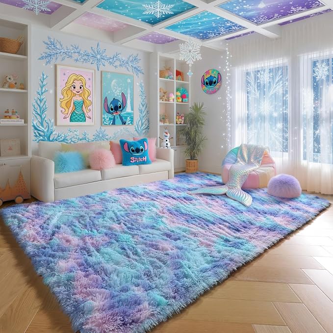 PAGISOFE Cute Furry Pastel Rug for Girls Bedroom, Soft Adorable Rainbow Purple Tent Rugs for Livingroom, Kid Room,Playroom Nursery Home Decor,Plush Mermaid Kawaii Rug Fluffy Carpet 4x6 Area Rug Sturdy