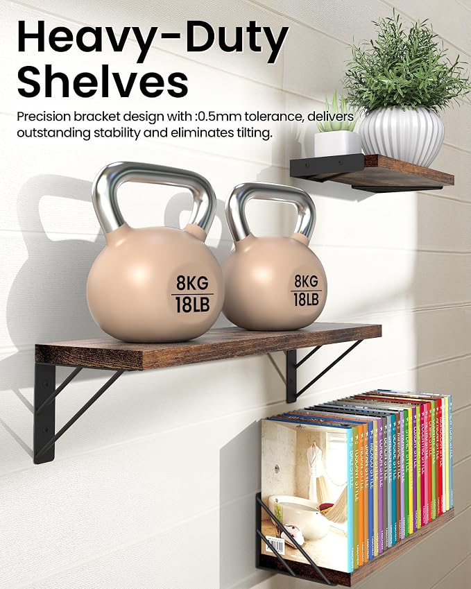 BAYKA Wall Shelves for Bedroom Decor, Floating Shelves for Wall, Display Mounted Rustic Wood Shelf for Books,Plants,Corner Shelves for Bathroom,Kitchen,Living Room(Rustic Brown,Set of 3)