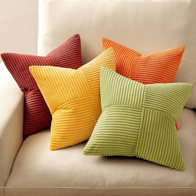 MIULEE Fall Burnt Orange Decorative Throw Pillow Covers 18x18 Inch Set of 4 Boho Color-Clash Cushion Covers Modern Farmhouse Pillow Cases Corduroy Striped Decor for Couch Sofa Bed(Terracotta,Rust)