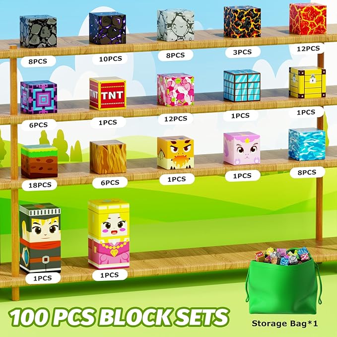 100PCS Magnetic Blocks, Magic Forest Set for Boys & Girls Toys Age 3-5 6-8 8-10, Magnetic Tiles 1" Building Blocks Toddler STEM Sensory, Creative Kids Games Kids Toys