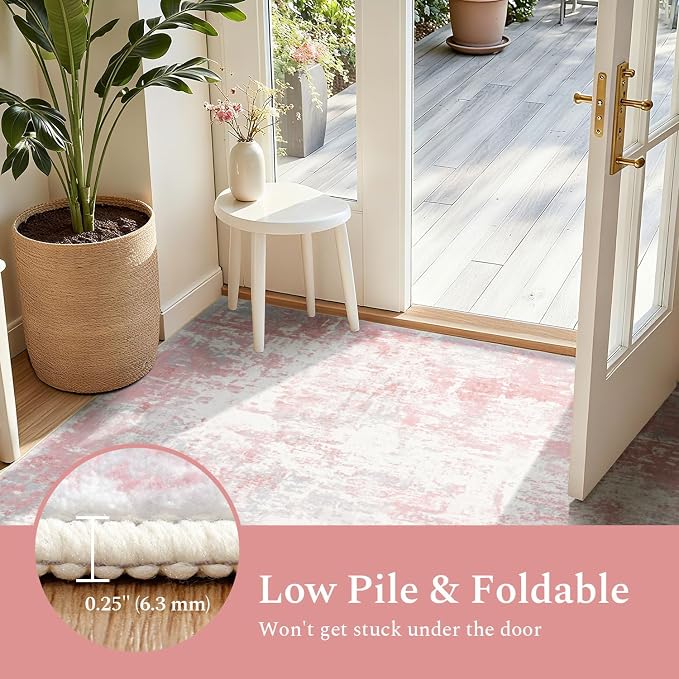 Rugflix 5x7 Area Rugs for Bedroom, Washable Pink Large Rug | Machine Washable; Stain-Resistant; Low Pile; Non-Slip; Modern Abstract; Carpet for Nursery Girls Living Room Office Home