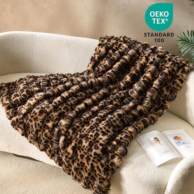 DOWNCOOL Faux Fur Throw Blanket for Couch, Ultra Soft Fluffy Fuzzy Plush Bubble Blanket for Sofa Bedroom Living Room, Cozy Warm Luxury Fleece Minky Blanket, 50x60 Inches Leopard Print