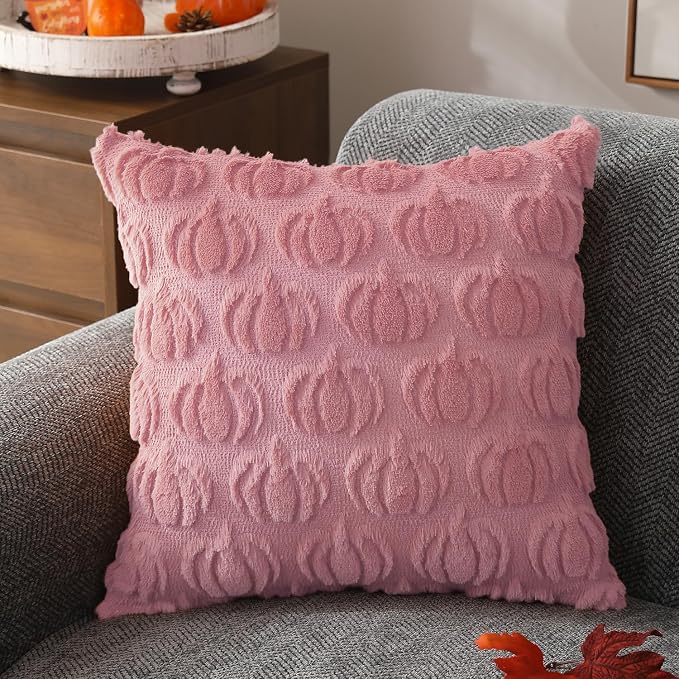 DFXSZ Fall Pillow Covers 20x20 2Pcs Pink Pumpkin Fall Decorations for Home | Fall decor Set of 2 Throw Pillow Cases Soft Plush Faux Fur Wool Couch Cushion for Chair Sofa Bedroom Living Room Home Decor