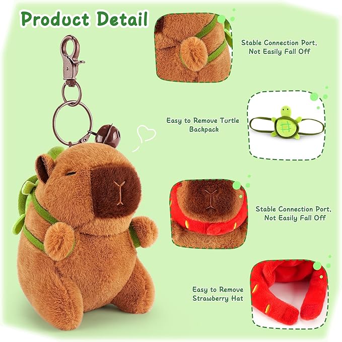 Achwishap 2PCS Capybara Plush Keychain,Cute Keychain Capybara Stuffed Animal,Soft Capybara Plush Toys Key Chain,Kawaii Plushie Stuffed Toys for Kids Adults Birthday(Turtle,Strawberry Hat)