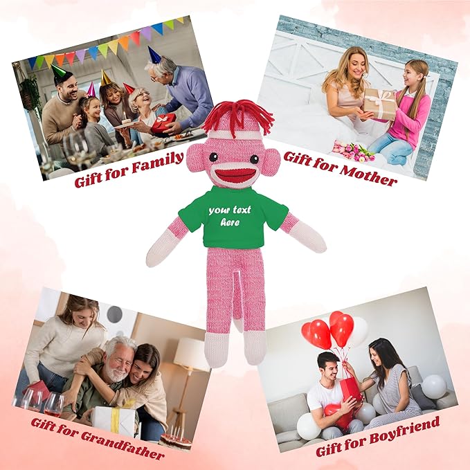 Personalized Huggable Pink Sock Monkey 8 Inch Plush Stuffed Animal Gift - Custom Text on Shirt - Perfect for Halloween Day Valentine's Day Graduation Day Birthday Present (Kelly)