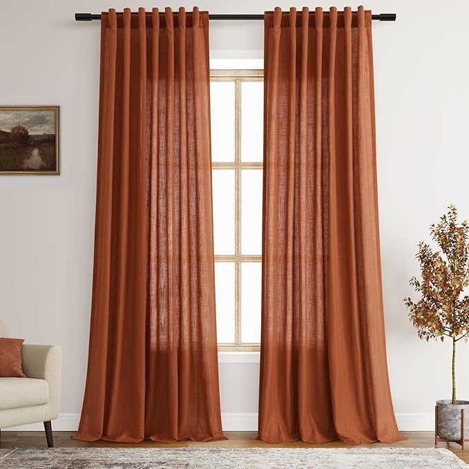 Nanspring Rust Linen Curtains 94 inches Long 2 Panel Back Tab Rod Pocket Rustic Farmhouse Boho Curtain for Dining Room Brick Burnt Bohemian Terracotta Colored Semi Sheer Curtains 94 inch Length