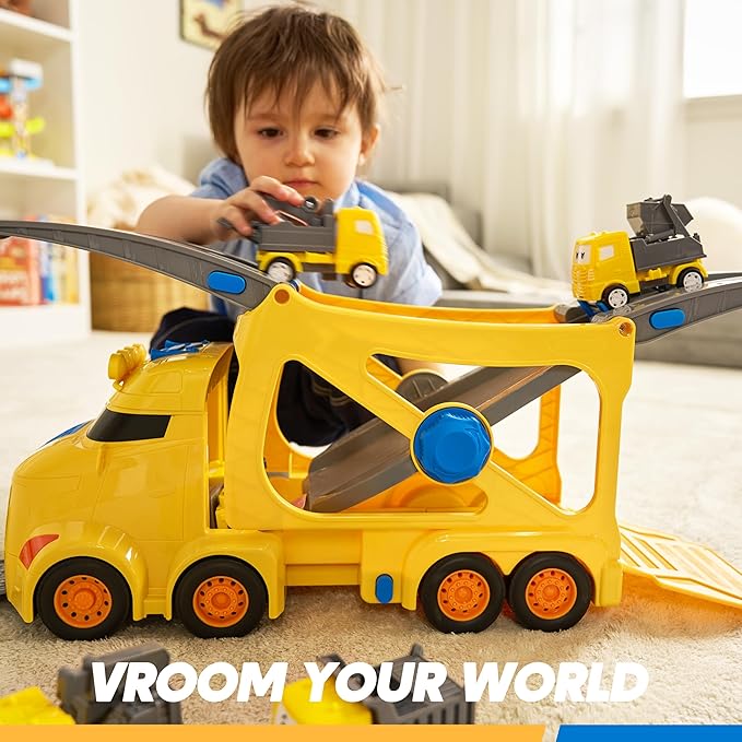 Vroomix Extra Large Toy Trucks for Toddlers, 3-Layer Construction Trucks for Boys, 7-in-1 Big Carrier Truck with Siren & Lights and 6 Toy Cars, Christmas Birthday Gifts for Boys Kids