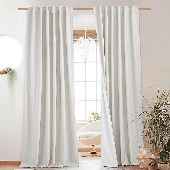 NICETOWN 100% Absolutely Blackout Linen Curtains with Thermal Insulated White Liner, Ivory, W52, 2 Pieces, Back Tab Noise Reducing Textured Linen Look Windows Curtains 90" Length for Classroom