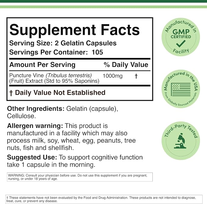 Tribulus Terrestris for Men (Purest 95% Saponin Content) 210 Capsules, 1,000mg Concentrated Fruit Extract (Third Party Tested, Vegan Safe, Non-GMO) for Stamina and Energy by Double Wood