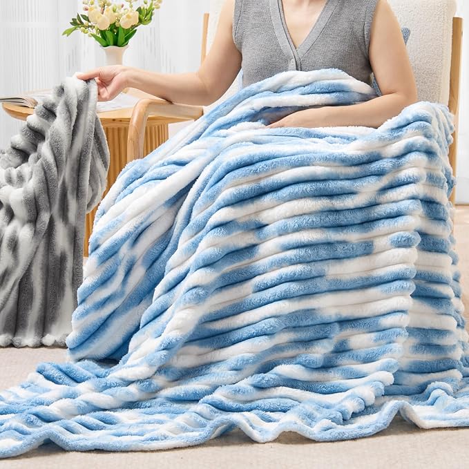 BEDELITE Ribbed Twin Blanket for Couch & Bed, Blue&White, 60"x80" | Ultra-Soft Plush Fleece, Cozy, Warm Yet Lightweight, Ribbed Texture, Home Decor, Machine Washable, Giftable, All-Season Use