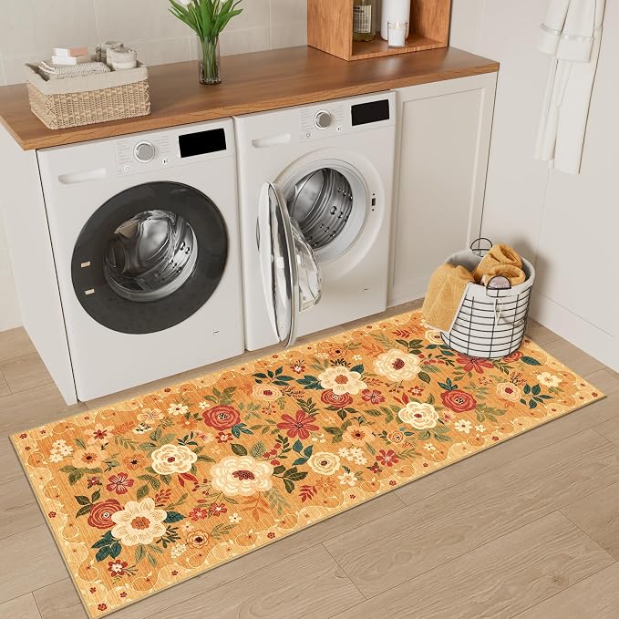 DUKINO 2x5 Runner Rug, Floral Washable Rug for Kitchen Non Slip, Orange | Low Pile, Soft, Stain Resistant Indoor Rug Runner for Entryway, Hallway, Bedroom, Bathroom, Laundry, Pet Friendly, Home Decor
