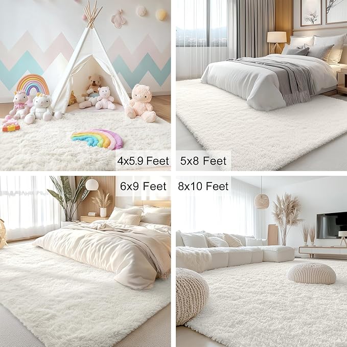 OLANLY 8x12 Machine Washable Large Area Rugs for Living Room, Bedroom, Soft Fluffy Shaggy Bedside Rug, Indoor Floor Carpet for Kids Girls and Boys, Dorms, Nursery, Home Decor Aesthetic, Ivory