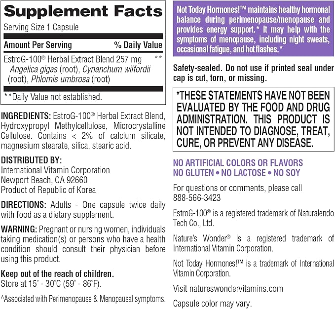 Nature's Wonder Not Today Hormones Perimenopause and Menopause Support Supplement for Women with Estro-G100, Supports Hot Flashes and Night Sweats 60 Vegetarian Capsules, 30 Day Supply