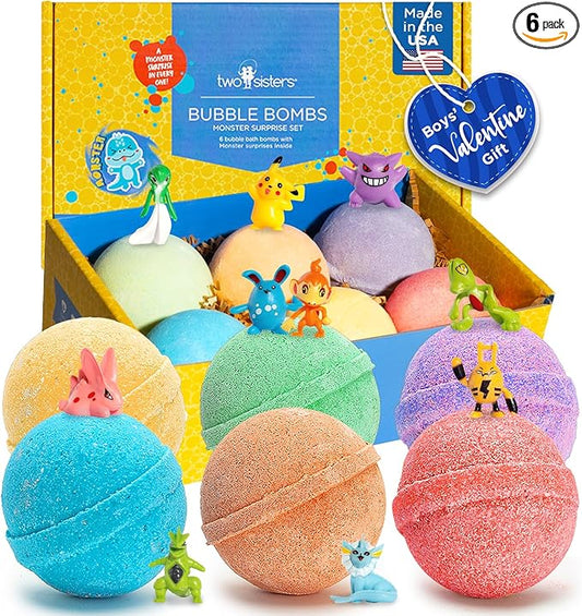 Poke Monster Bath Bombs for Kids with Surprise Inside (6 Pack) - Large Bubble Bath Bomb for Boys & Girls - Fruity Scent, Skin-Safe, USA Made, Children and Boys Valentines Gift by Two Sisters