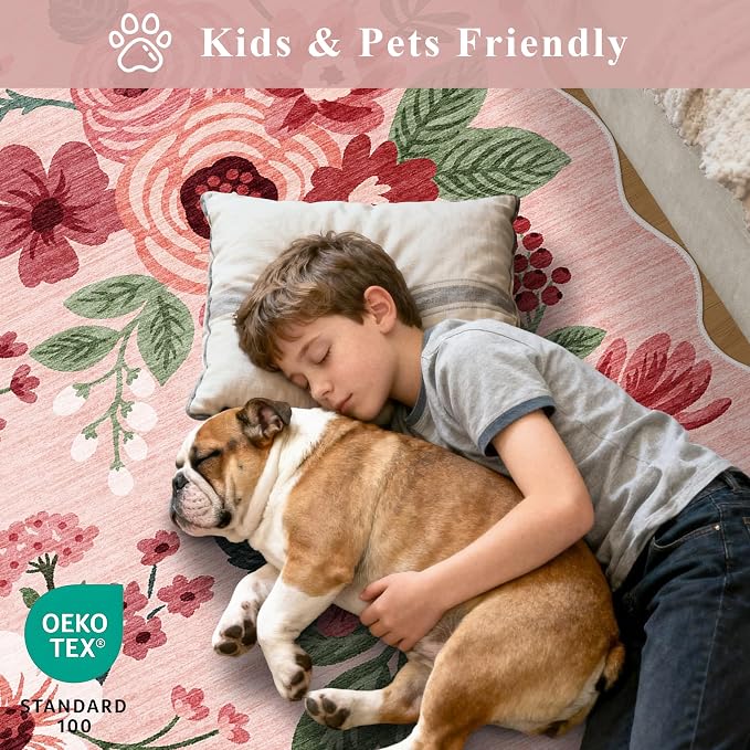 DUKINO 8x10 Area Rug for Living Room, Floral Washable Rug Non Slip, Pink | Soft, Low Pile, Stain Resistant Throw Large Rug for Bedroom, Dining Room, Nursery, Kids Playroom, Pet Friendly, Home Decor