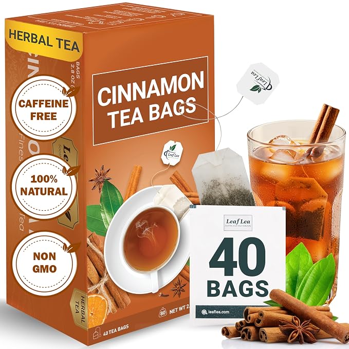 LeafLea Pure Cinnamon Tea Bags, Naturally Sweet, Caffeine-Free, 40 Count | Single-Ingredient Ground Cinnamon, No Added Sugar, Individually Foil-Wrapped For Fresh Aroma, Vegan, Non-GMO