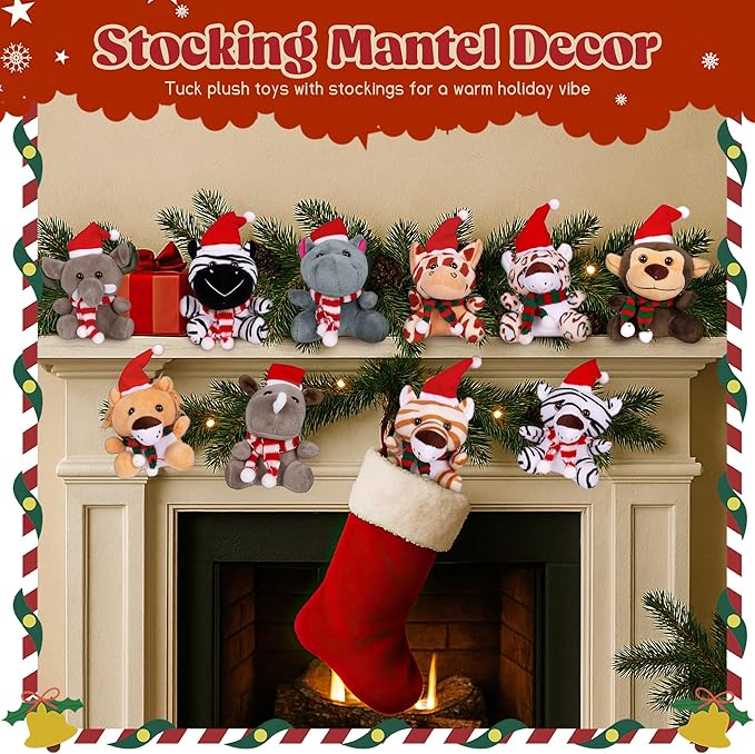 Arrozon 10 Pcs Christmas Small Stuffed Animals Bulk, 6 Inch Mini Plush Toys Stocking Stuffers for Kids, Party Favors, Goodie Bags