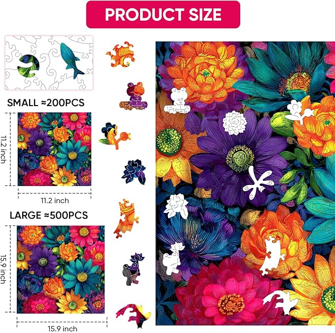 MEATRN Multicolor Chrysanthemum Wooden Puzzles for Adults 500 Pcs, 15.9x15.9 in, Fun Educational Wood Puzzle, Handmade Decorative Gift, Relaxing Wood Puzzle Game for Family