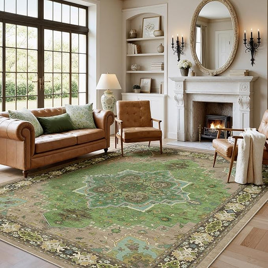AMADA HOMEFURNISHING 5x7 Area Rug for Living Room, Vintage Washable Area Rug Low-Pile & Non-Slip Carpet for Bedroom Dining Room Nursery Home Office, Green