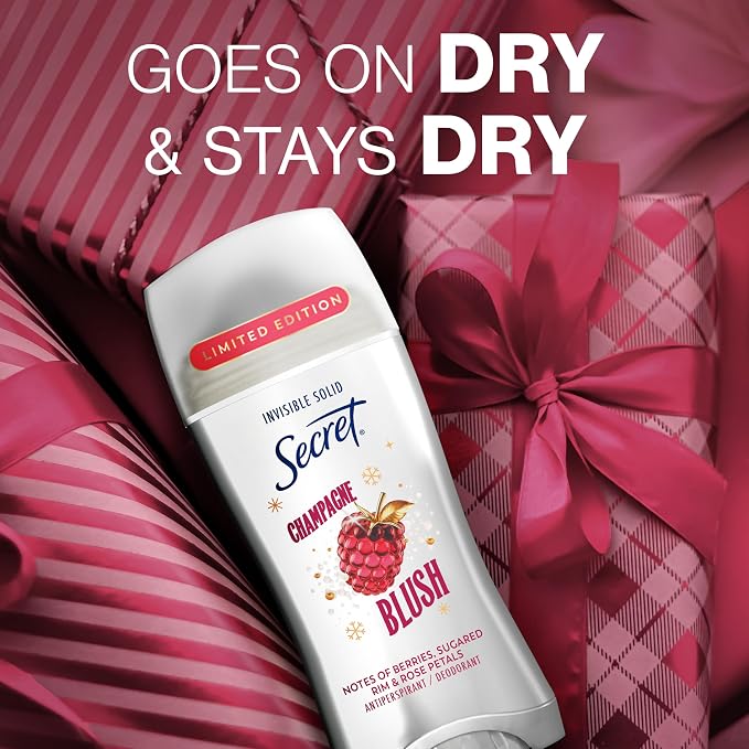 Secret Fresh Antiperspirant Deodorant for Women, 72hr Breathable Odor Protection with Pro-Hyaluronic Acid, Holiday Invisible Solid, Champagne Blush with Berries, Sugared Rim & Rose Petals Scent, 2.6oz