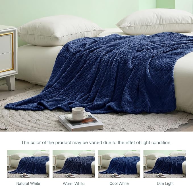 Exclusivo Mezcla Fleece Throw Blanket for Couch Sofa, 50”x70”, Navy Blue | Oversized Soft Cozy Fluffy Blankets for Summer, Decorative Plush Flannel Throws for Living room, Bedroom with Leaves Pattern