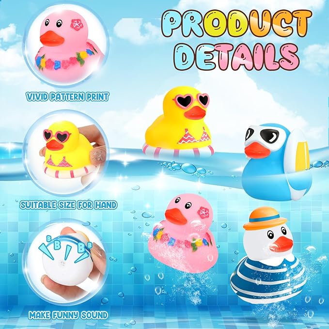 Honoson Summer Beach Rubber Duckies Bulk Mini Rubber Duck Bath Toys Float Bathtub Ducky Cute Squeaky Ducky for Classroom Carnival Summer Birthday Baby Shower Party Favor(4 Colors,36 Pcs)
