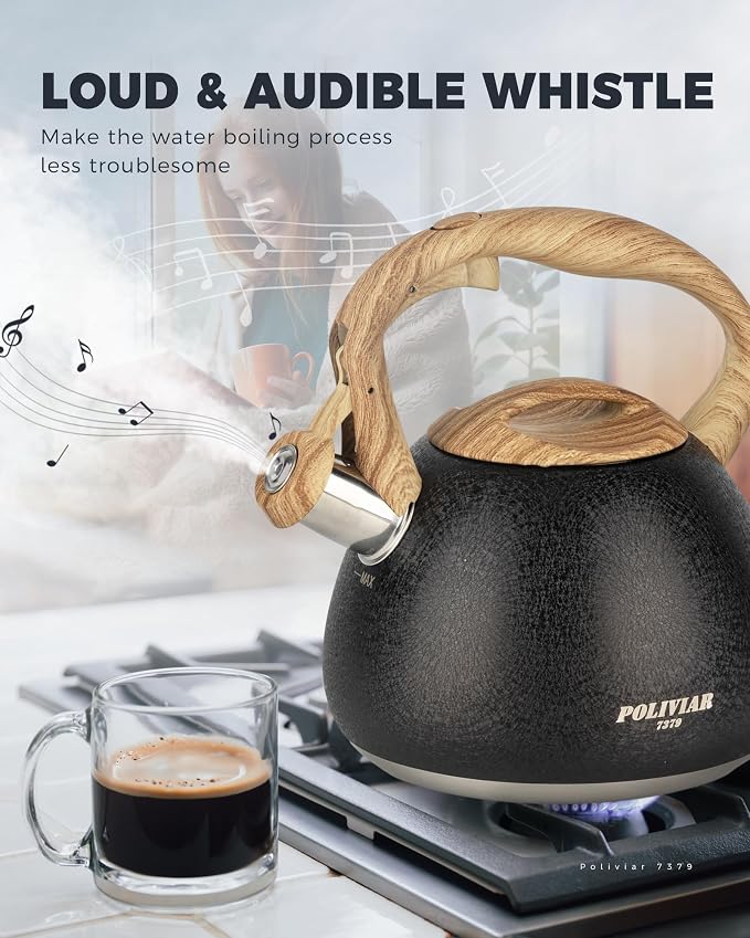 POLIVIAR Tea Kettle, 2.7 Quart Stovetop Tea Kettle, Audible Whistling Teapot with Crackle Finish, Food Grade Stainless Steel for Anti-Rust, Anti Hot Handle, Suitable for All Heat Sources (JX2023-LRB)