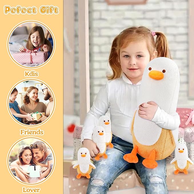 Auspicious Beginning 5-Piece Banana Duck Plush Family - Cute 20'' Mommy Duck with 4 Baby Duck Plushies - Kawaii Plush Toys for Kids' Birthdays