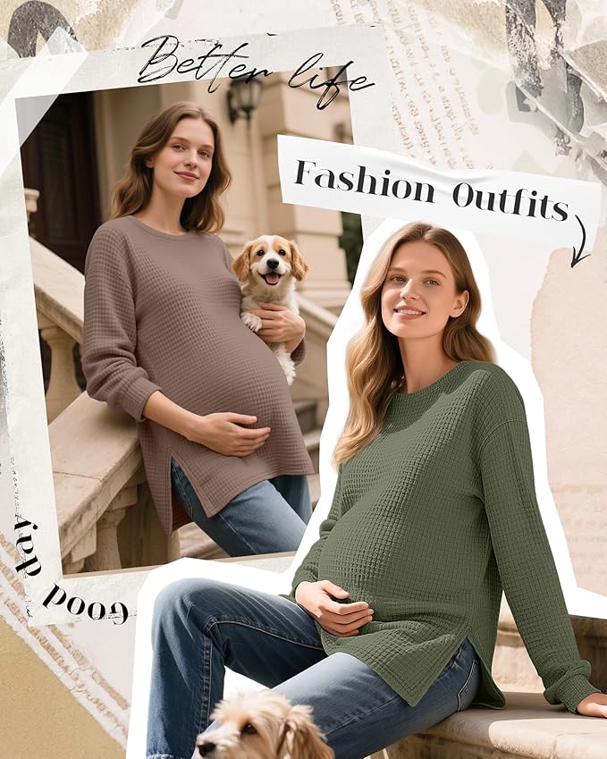 3 Pack Women's Maternity Shirts Long Sleeve Waffle Knit Side Split Oversized Tops Pregnancy Clothes Fall Tees