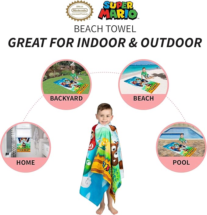 Franco Super Mario Official Nintendo Kids Super Soft Cotton Bath/Pool/Beach Towel,58 in x 28 in,(Pack of 2)