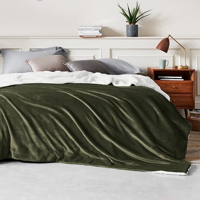 Bedsure GentleSoft Sherpa Fleece Blankets King Size for Bed, Non-Heated, Thick and Warm Throw for Women and Men, Soft Fuzzy Plush King Blanket for Winter, Olive Green, 108x90 Inches