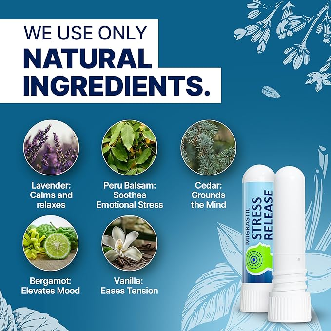 Migrastil Stress Release Inhaler 2-Pack, Calm Aromatherapy Formula, Natural Stress Relief with Peru Balsam and Other Essential Oils. Made in The USA.